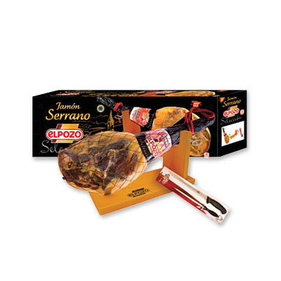 COFFRET Jambon Serrano avec os (affinage 12 mois) EL POZO, 7,25 kg environ, avec griffe + couteau