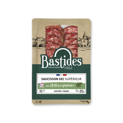 Saucisson sec supérieur aux herbes BASTIDES - 16 tranches, 80 g