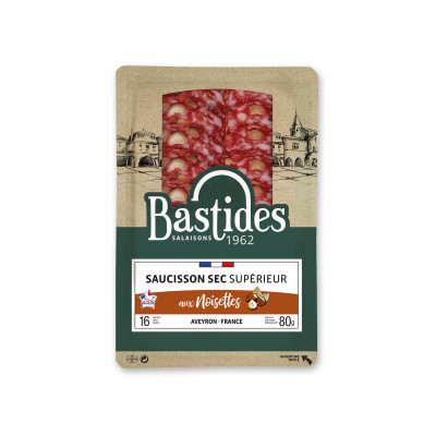 Saucisson sec supérieur aux noisettes BASTIDES - 16 tranches, 80 g